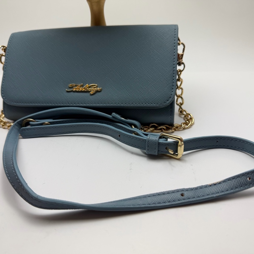 Saffiano Light Blue Crossbody Bag with Gold Chain Strap